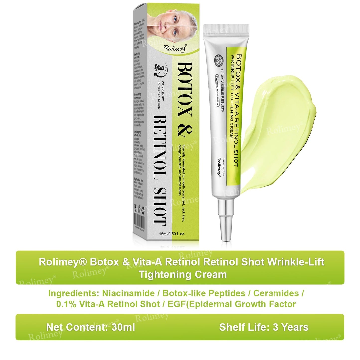 💛✅Произведено и изпратено от САЩ 💫Rolimey® Botox & Vita-A Retinol Shot крем за повдигане, стягане и изглаждане на бръчки – Последен ден на промоцията: 70% ОТСТЪПКА