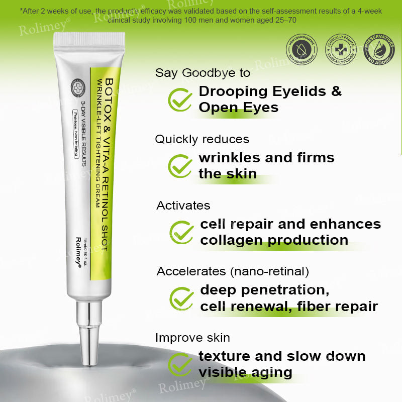 💛✅Произведено и изпратено от САЩ 💫Rolimey® Botox & Vita-A Retinol Shot крем за повдигане, стягане и изглаждане на бръчки – Последен ден на промоцията: 70% ОТСТЪПКА
