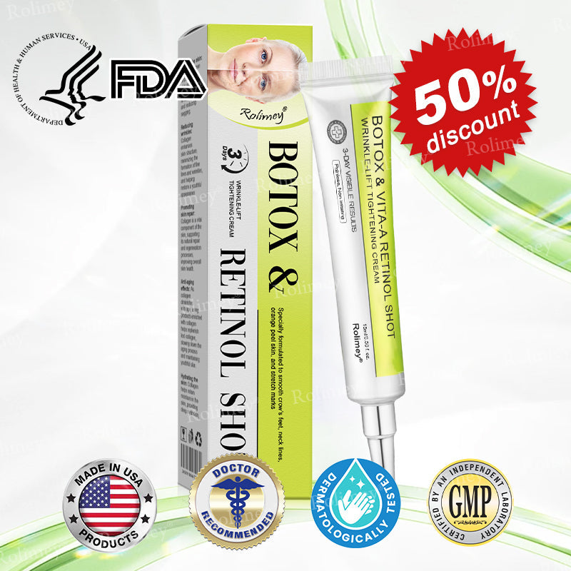 💛✅Произведено и изпратено от САЩ 💫Rolimey® Botox & Vita-A Retinol Shot крем за повдигане, стягане и изглаждане на бръчки – Последен ден на промоцията: 70% ОТСТЪПКА